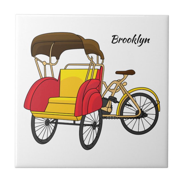 Pedicab rickshaw cartoon illustration ceramic tile (Front)