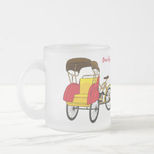 Pedicab rickshaw cartoon illustration frosted glass coffee mug