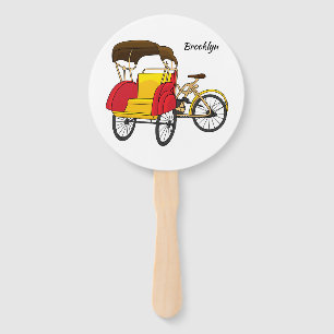 Pedicab rickshaw cartoon illustration hand fan