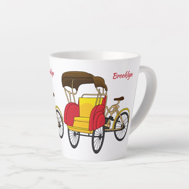 Pedicab rickshaw cartoon illustration latte mug (Right Angle)