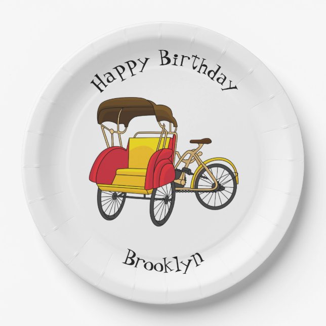 Pedicab rickshaw cartoon illustration paper plates (Front)