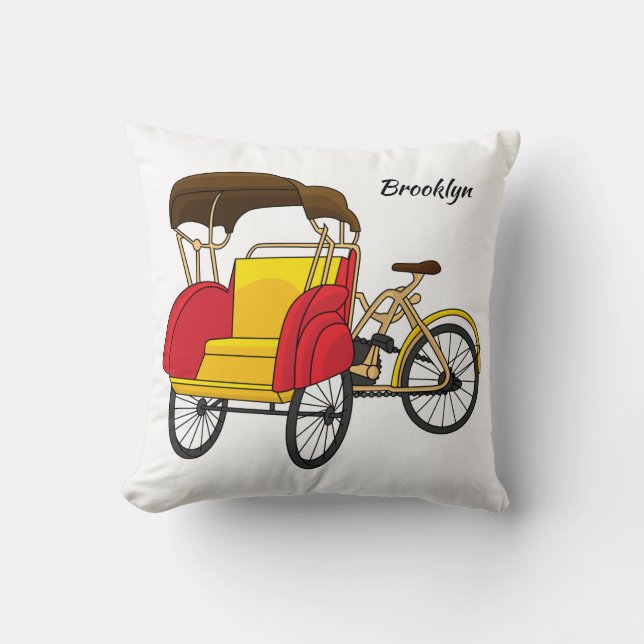 Pedicab rickshaw cartoon illustration throw pillow (Front)