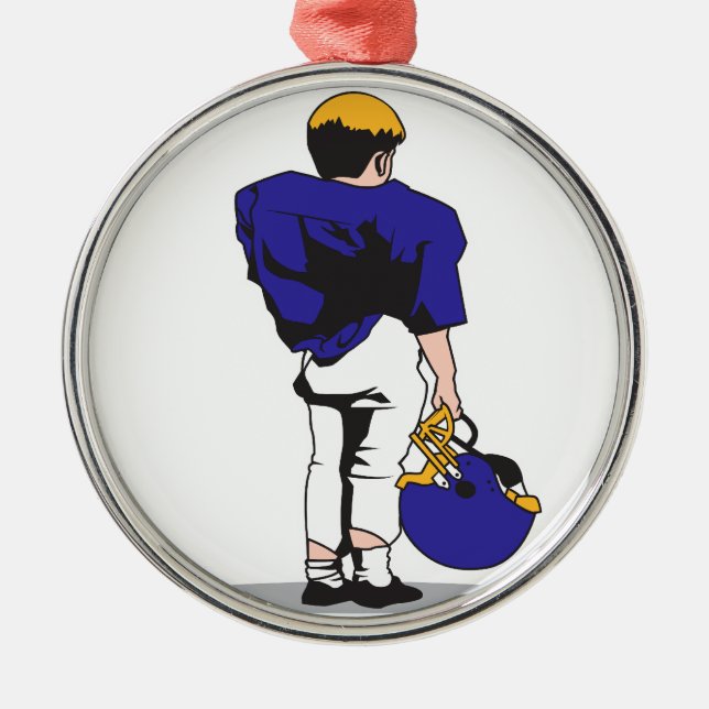 pee wee kids football player blue metal ornament (Front)