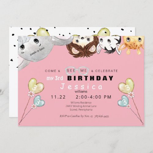 Peek_a_boo Animal Girls Birthday Party Invitation