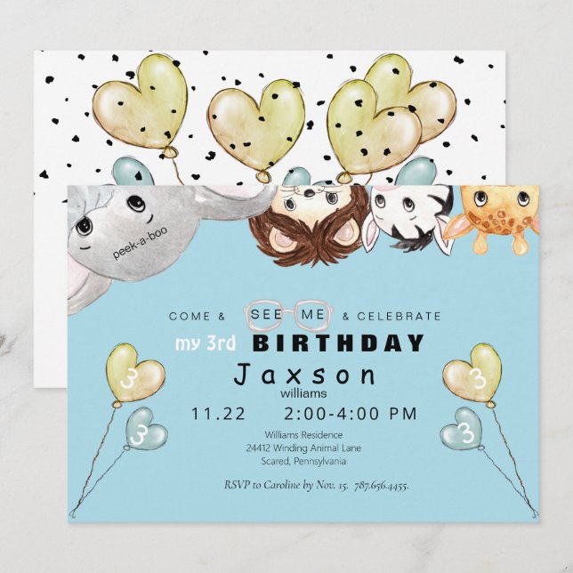 Peek-a-boo Animals Boy's Birthday Party Invitation (Front/Back)