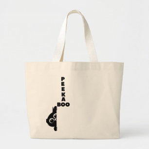 Peek-a-Boo Black Cat Cute Minimalist Feline Cott Large Tote Bag