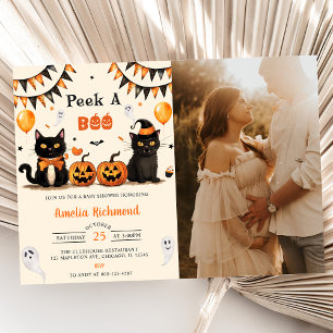 Peek A Boo Black Cat Halloween Baby Shower Party Invitation