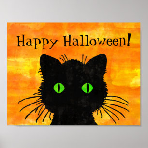 Peek-A-Boo Black Cat on Halloween Orange Poster