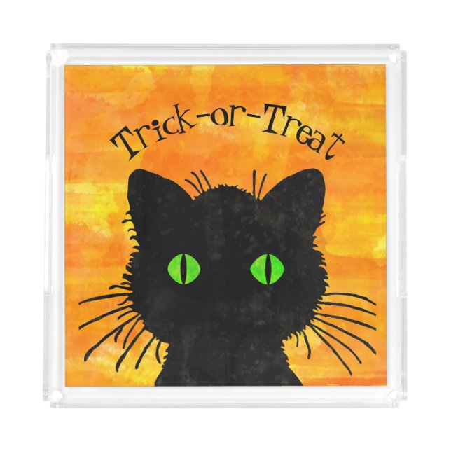 Peek-A-Boo Black Cat Orange Trick-or-Treat Acrylic Tray (Front)