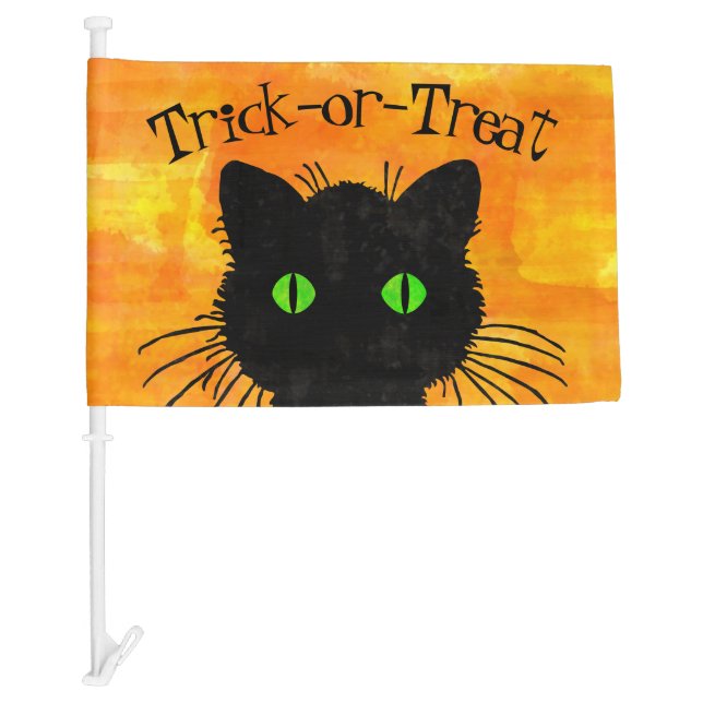 Peek-A-Boo Black Cat Orange Trick-or-Treat Car Flag (Front)