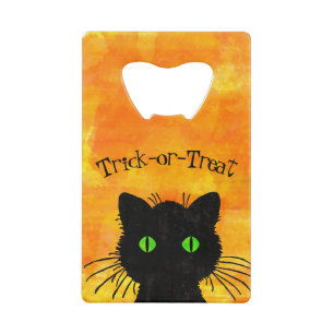 Peek-A-Boo Black Cat Orange Trick-or-Treat Credit Card Bottle Opener