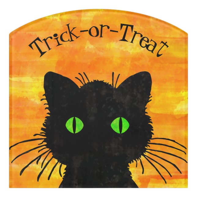 Peek-A-Boo Black Cat Orange Trick-or-Treat Door Sign (Contour Front)