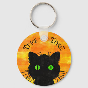 Peek-A-Boo Black Cat Orange Trick-or-Treat Keychain