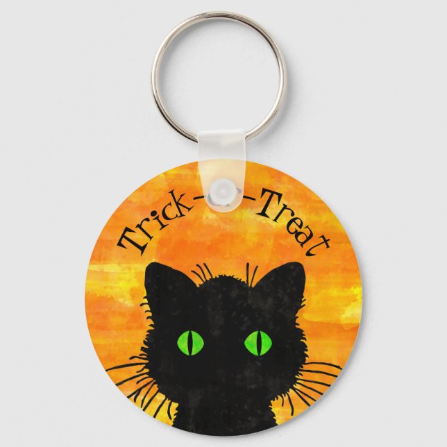 Peek-A-Boo Black Cat Orange Trick-or-Treat Keychain (Front)