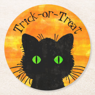 Peek-A-Boo Black Cat Orange Trick-or-Treat Round Paper Coaster