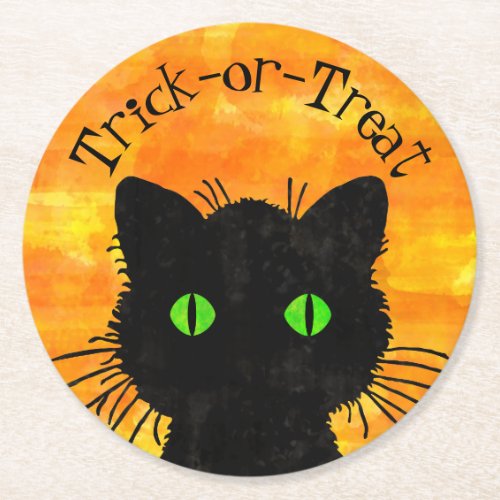 Peek_A_Boo Black Cat Orange Trick_or_Treat Round Paper Coaster