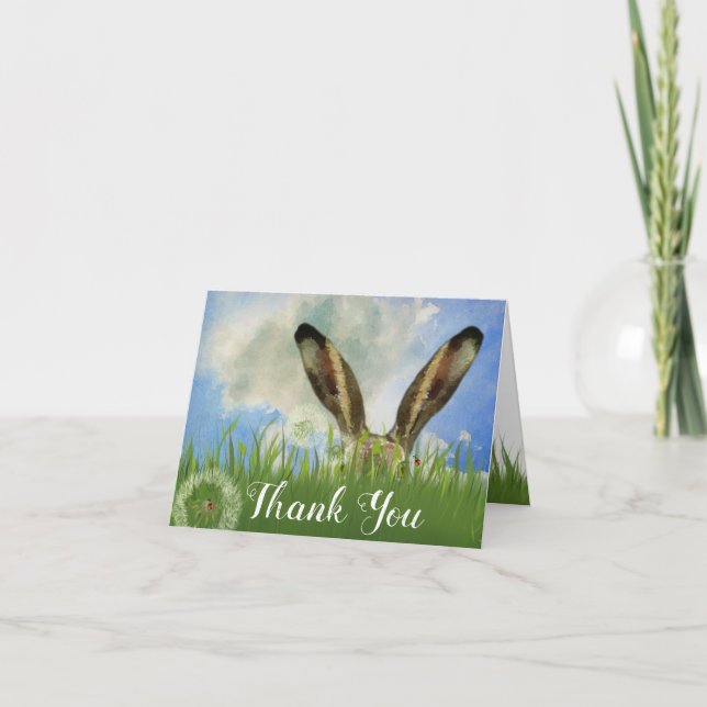 Peek a Boo Bunny | Blue Sky & Clouds Letterpress Thank You Card (Front)