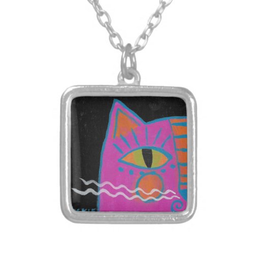 Peek A Boo Cat Abstract Art  Silver Plated Necklace
