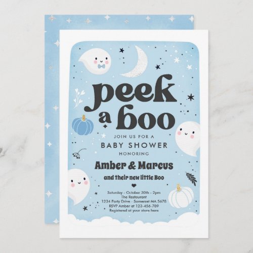 Peek A Boo Cute Blue Ghost Baby Shower Invitation