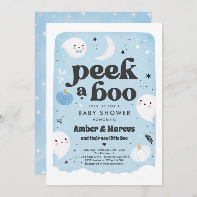 Peek A Boo Cute Blue Ghost Baby Shower Invitation (Front/Back)