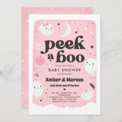 Peek A Boo Cute Pink Ghost Baby Shower Invitation