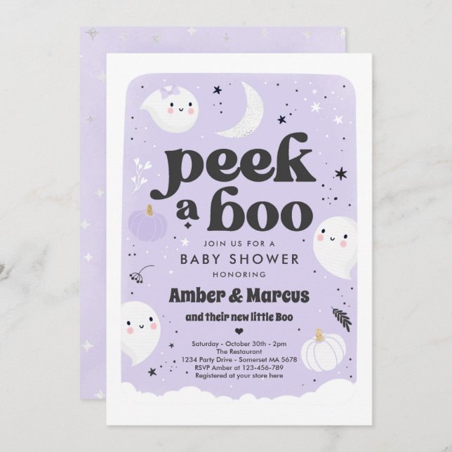 Peek A Boo Cute Purple Ghost Baby Shower Invitation (Front/Back)