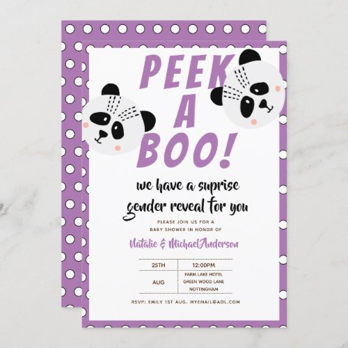 Peek_A_Boo Gender Reveal Panda Bear Purple Baby Invitation