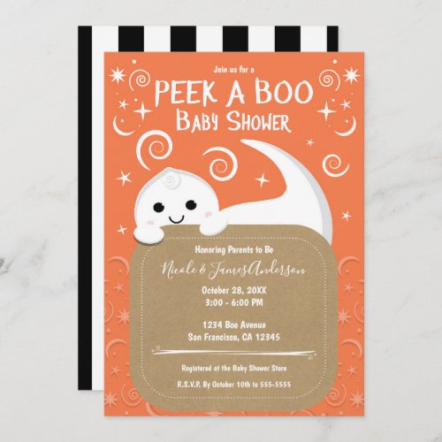 Peek A Boo Ghost Orange Halloween Baby Shower     Invitation