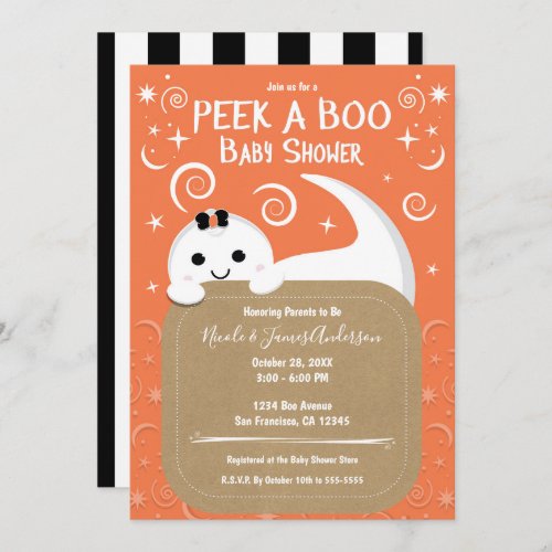 Peek A Boo Ghost Orange Halloween Baby Shower  Invitation