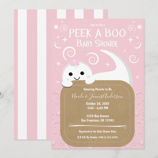 Peek a BOO Ghost Pink Halloween Baby Shower   Invitation (Front/Back)