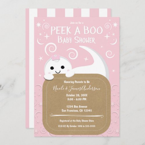 Peek a BOO Ghost Pink Halloween Baby Shower   Invitation