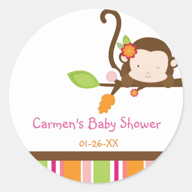 Peek A Boo Girl Monkey Baby Shower Favor Sticker (Front)