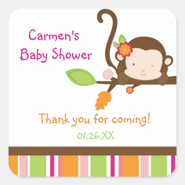 Peek A Boo Girl Monkey Baby Shower Favor Stickers (Front)