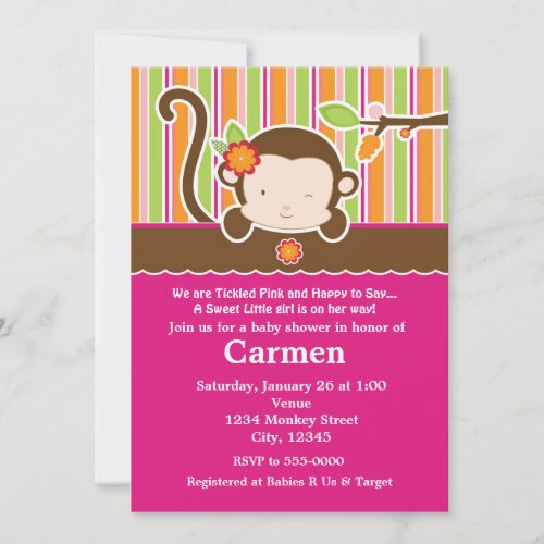 Peek A Boo Girl Monkey Baby Shower Invitation