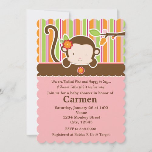 Peek A Boo Girl Monkey Baby Shower Invitation