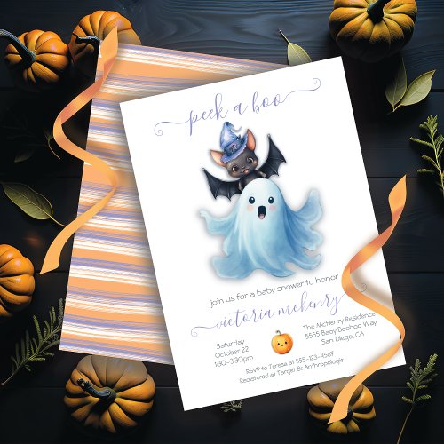 Peek a Boo Halloween Ghost  Bat Baby Shower Invitation