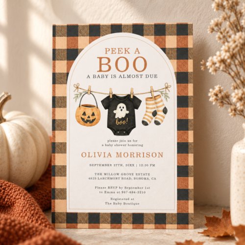 Peek a Boo Halloween Gingham Baby Shower Invitation