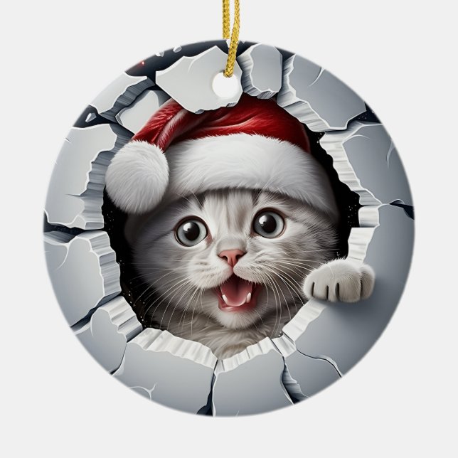 Peek-a-boo Kitten Christmas Ceramic Ornament (Front)