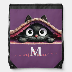 Peek-a-Boo Kitten Script Name Monogram Drawstring Bag