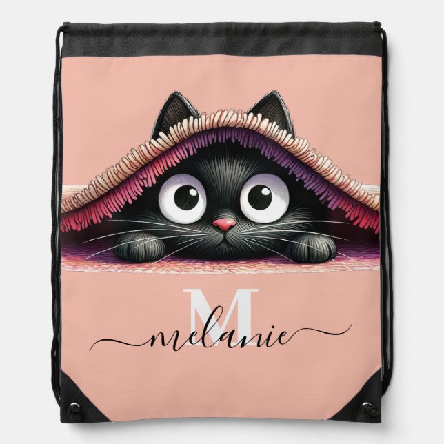 Peek-a-Boo Kitten Script Name Monogram Drawstring Bag (Front)