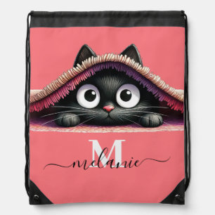 Peek-a-Boo Kitten Script Name Monogram Drawstring Bag