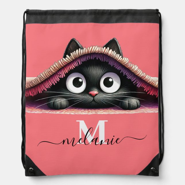 Peek-a-Boo Kitten Script Name Monogram Drawstring Bag (Front)