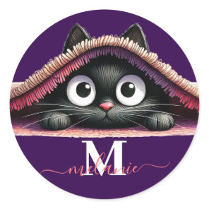 Peek-a-Boo Kitten Script Name Monogram Girls' Classic Round Sticker