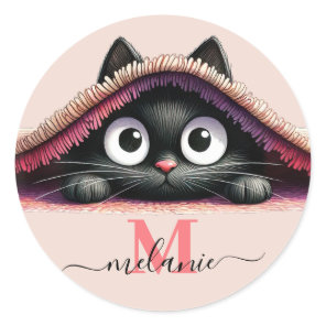Peek-a-Boo Kitten Script Name Monogram Girls'  Classic Round Sticker