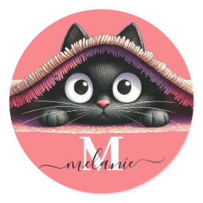 Peek-a-Boo Kitten Script Name Monogram Girls'  Classic Round Sticker