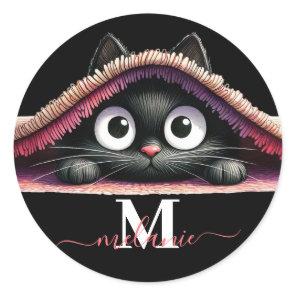 Peek-a-Boo Kitten Script Name Monogram Girls' Classic Round Sticker