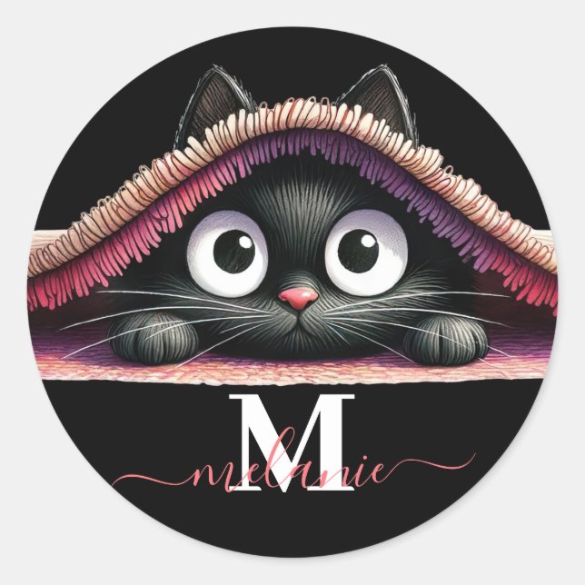 Peek-a-Boo Kitten Script Name Monogram Girls' Classic Round Sticker (Front)