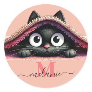 Peek-a-Boo Kitten Script Name Monogram Girls'  Classic Round Sticker