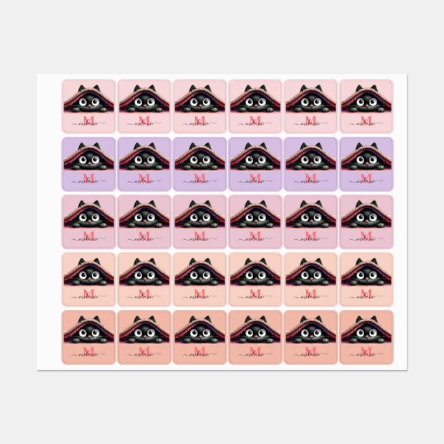 Peek-a-Boo Kitten Script Name Monogram Girls' Labels (Sheet)