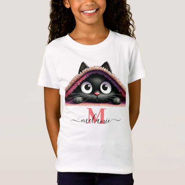 Peek-a-Boo Kitten Script Name Monogram Girls' T-Shirt (Front)